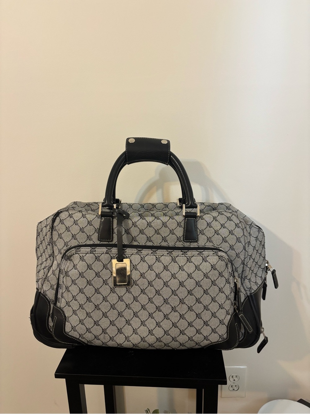 Lauren Ralph Lauren Gray Patterned Travel Weekender Bag with Black Trim